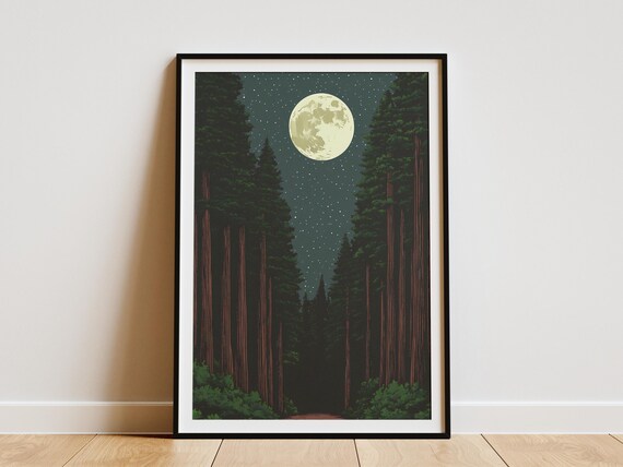 Redwood Forest Moonlit Giant Tree Trunks Night Vintage Style Art Poster