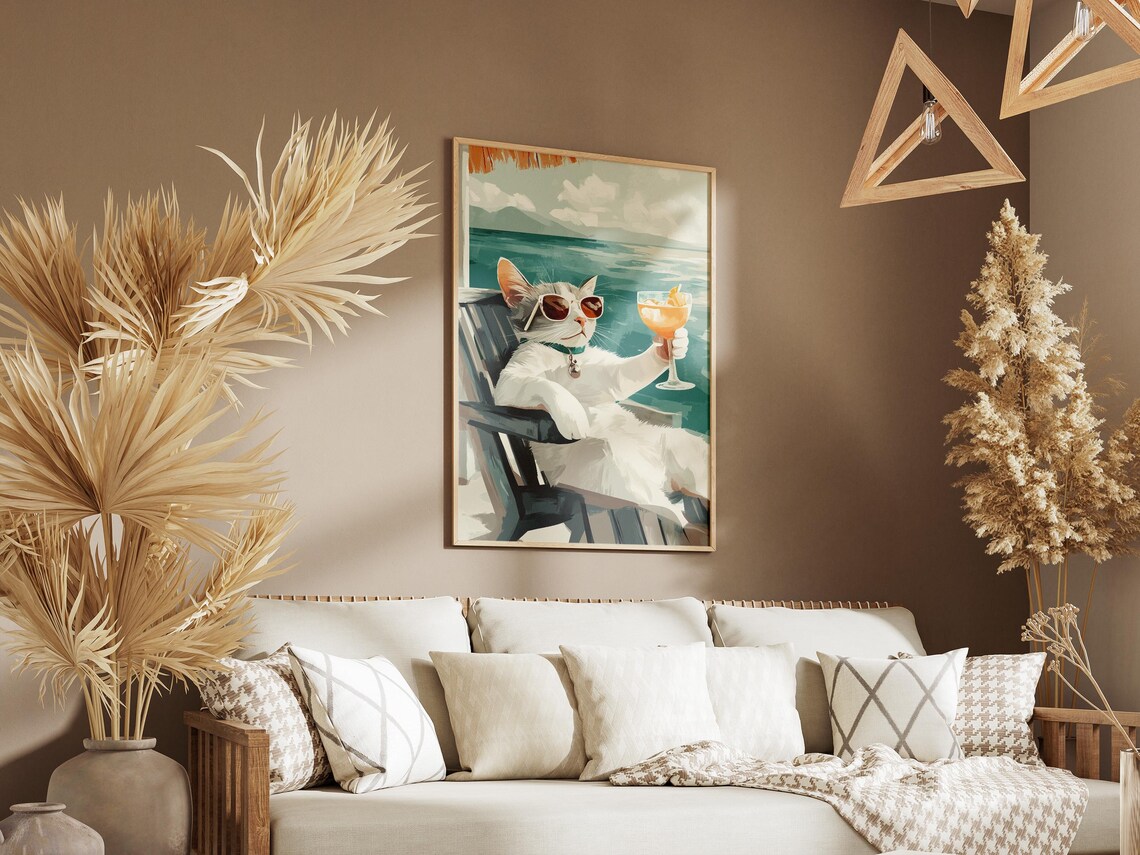 Cool White Cat in Sunglasses Holding a Cocktail at the Beach Poster - Image 3