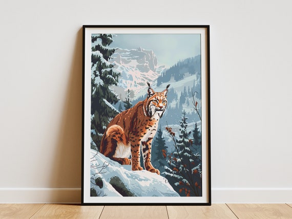 Lynx In Snowy Forest Poster Winter Nature Art Print Mountain Landscape Wall Decor