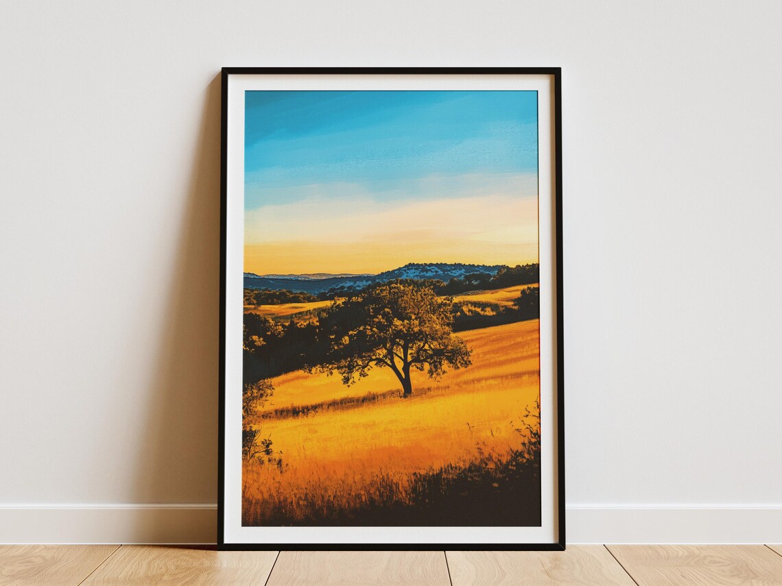 Lone Oak Tree On Golden Hillside Under Sunset Sky Scenic Poster
