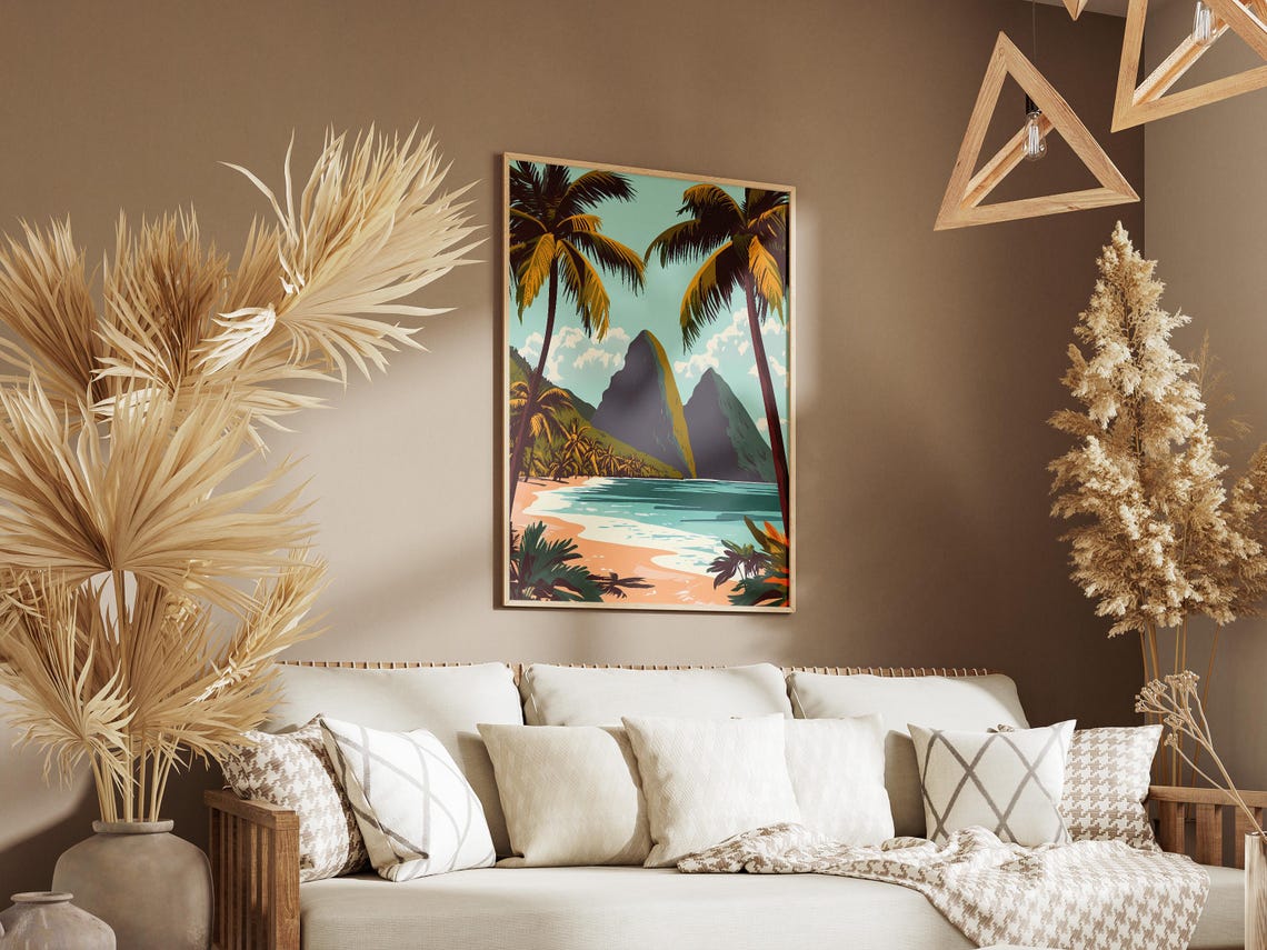 Saint Lucia Twin Pitons Peak Sunny Beach Paradise Travel Poster - Image 3