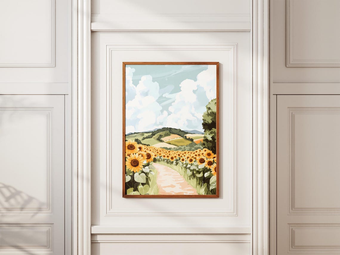 Sunflower Field Path Through Rolling Green Hills Summer Poster - Image 2