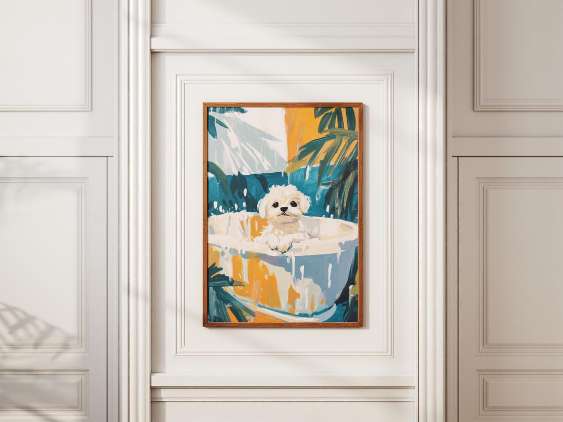Maltese Puppy Outdoor Bubble Bath Tropical Palm Scene Poster - Image 2