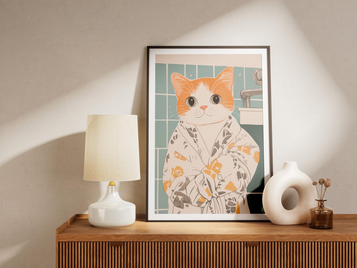 Orange Tabby Kitten in Floral Bathrobe Sweet Bathroom Art Poster - Image 4
