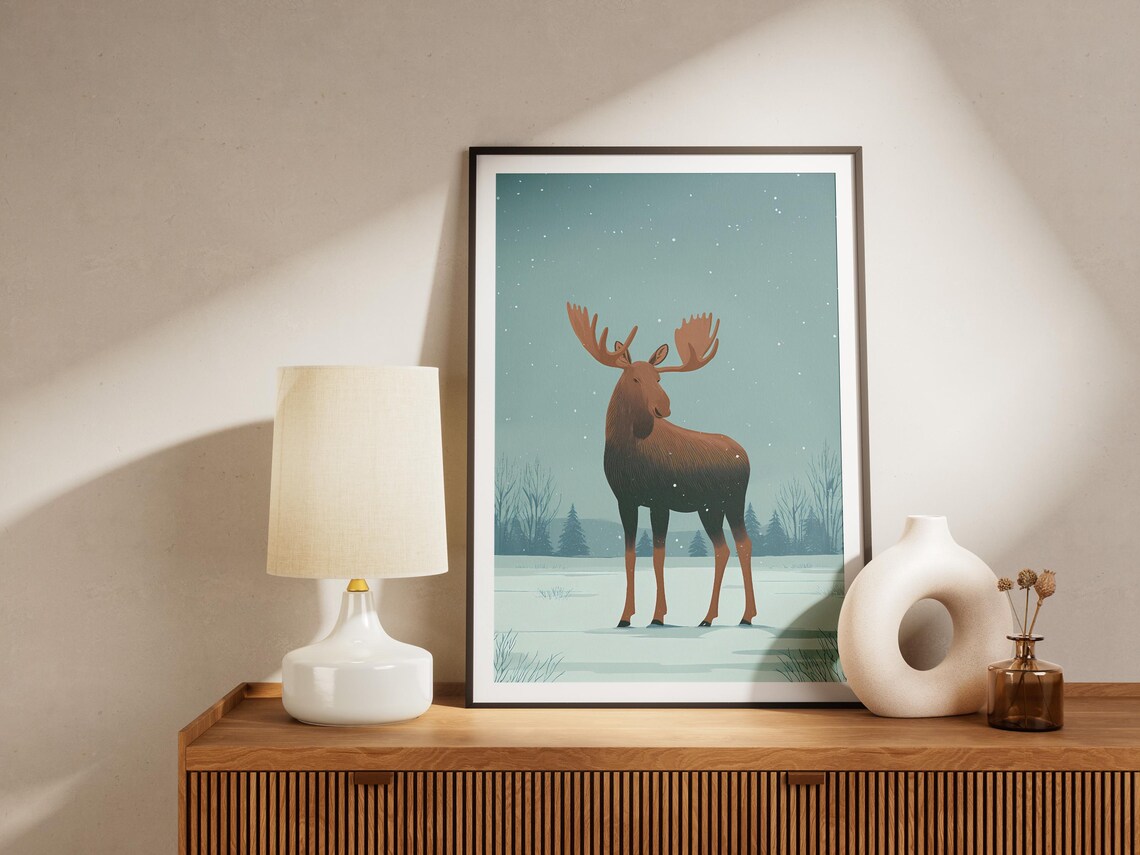 Majestic Moose Standing in a Snowy Forest Under Falling Snow Art Poster - Image 4