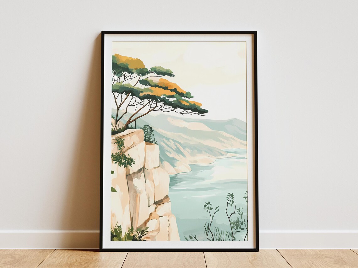 Windswept Trees on Mountain Cliffs, Minimalist Poster