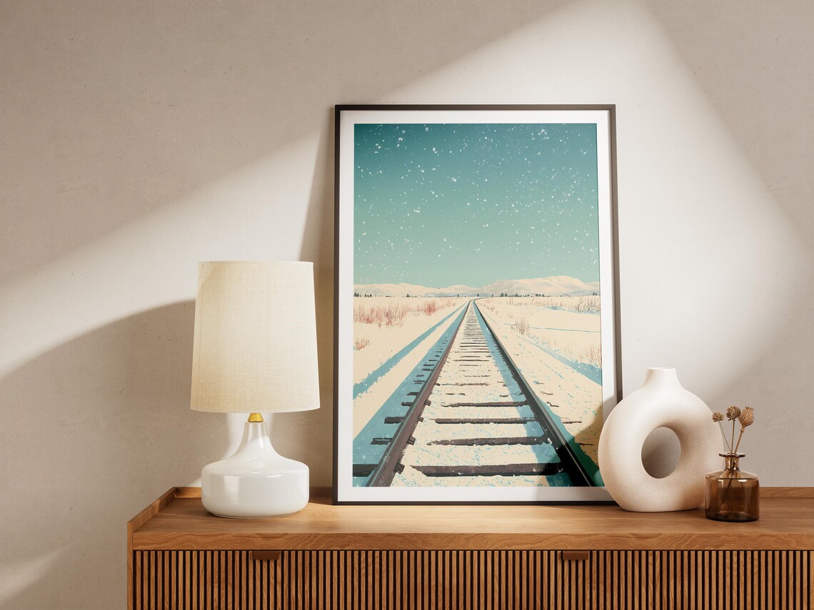 Railroad Tracks Vanishing Into Snowy Plain Winter Sky Poster - Image 5