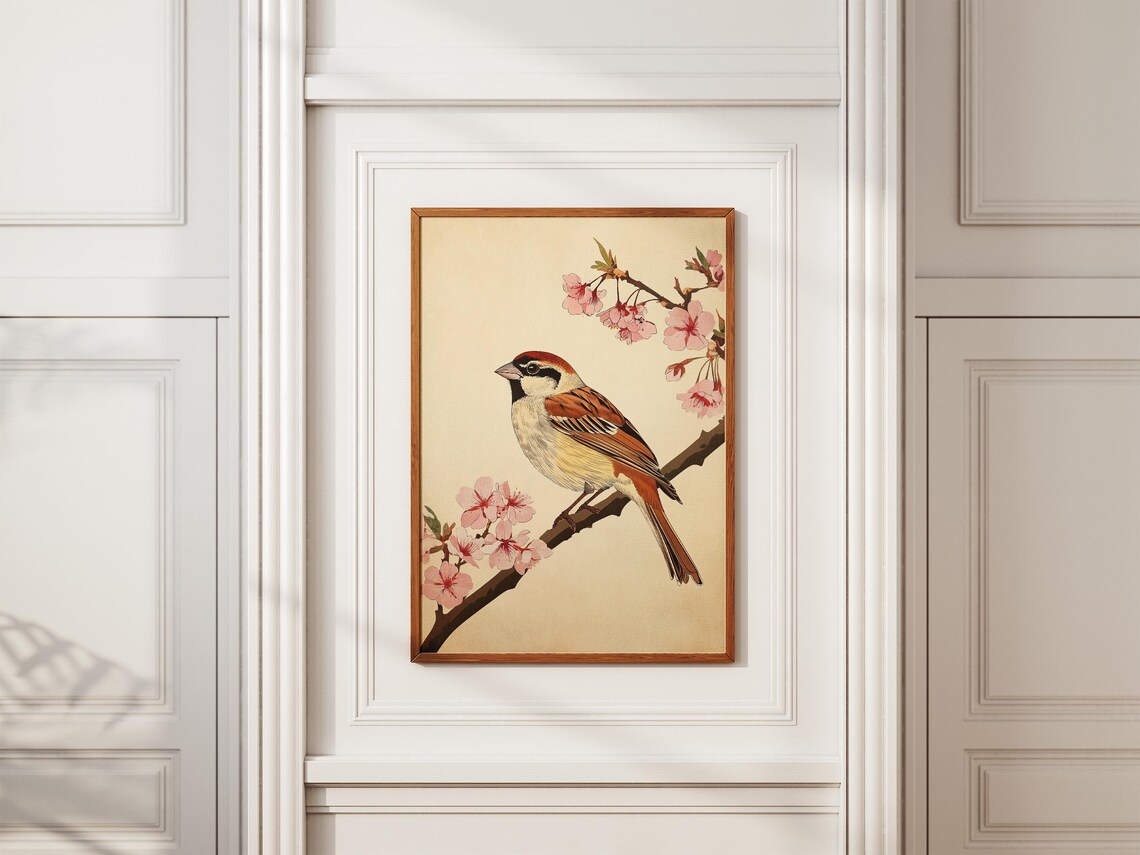 Sparrow Perched on Cherry Blossom Branch Japanese Spring Poster - Image 2