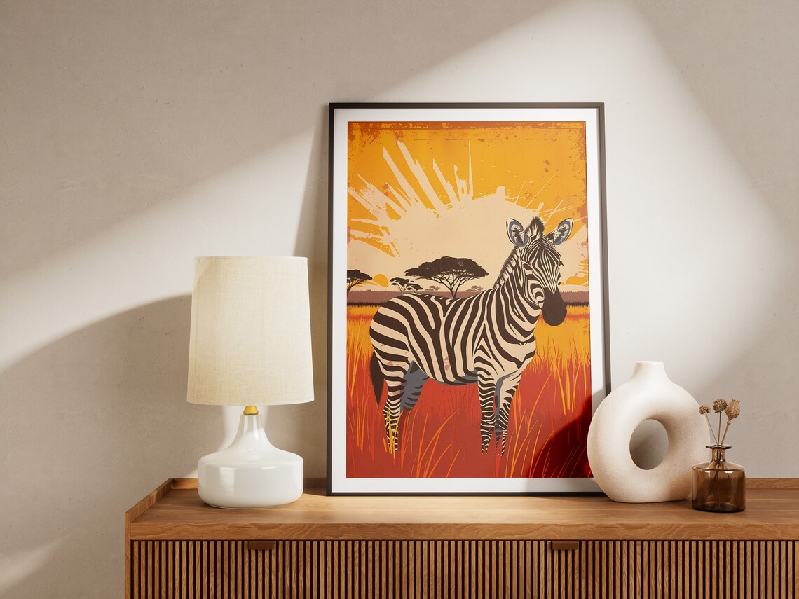 Zebra Savanna Sunset African Wildlife Vintage Orange Sky Poster - Image 2