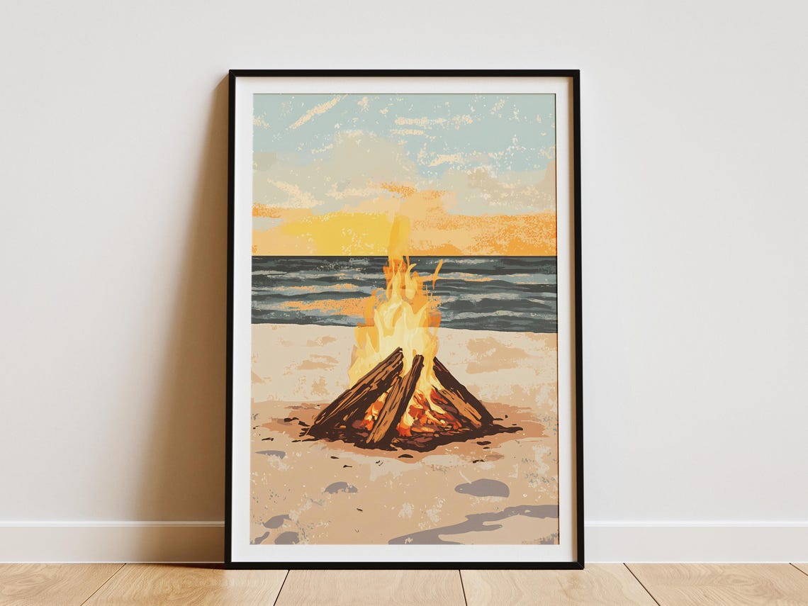 Beach Bonfire at Sunset Warm Ocean Evening Illustration Poster