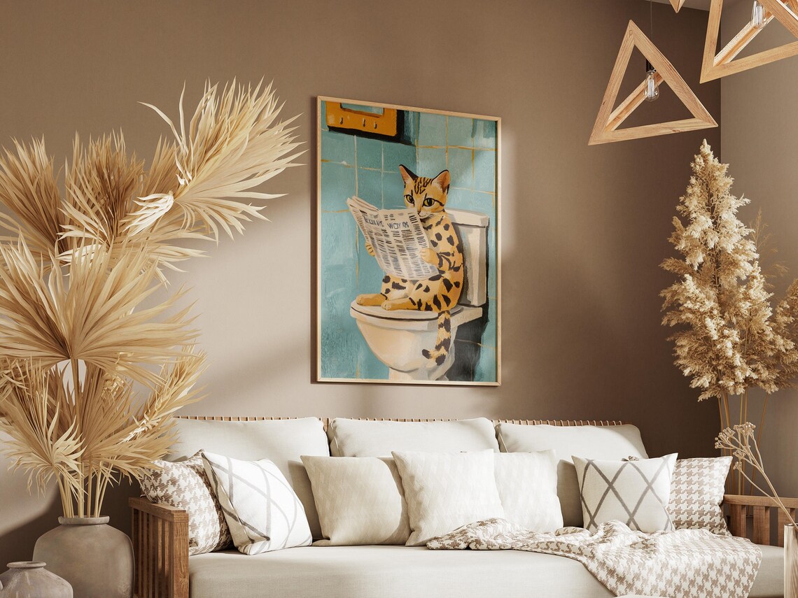 Funny Spotted Cat Reading Newspaper on Toilet Bathroom Poster - Image 3