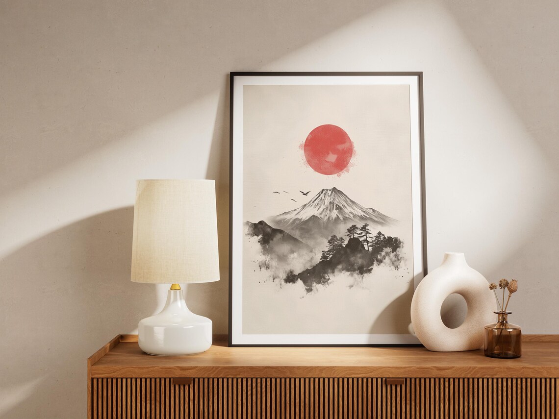 Japanese Mountain Ink Wash Painting Red Sun Asian Scene Poster - Image 4