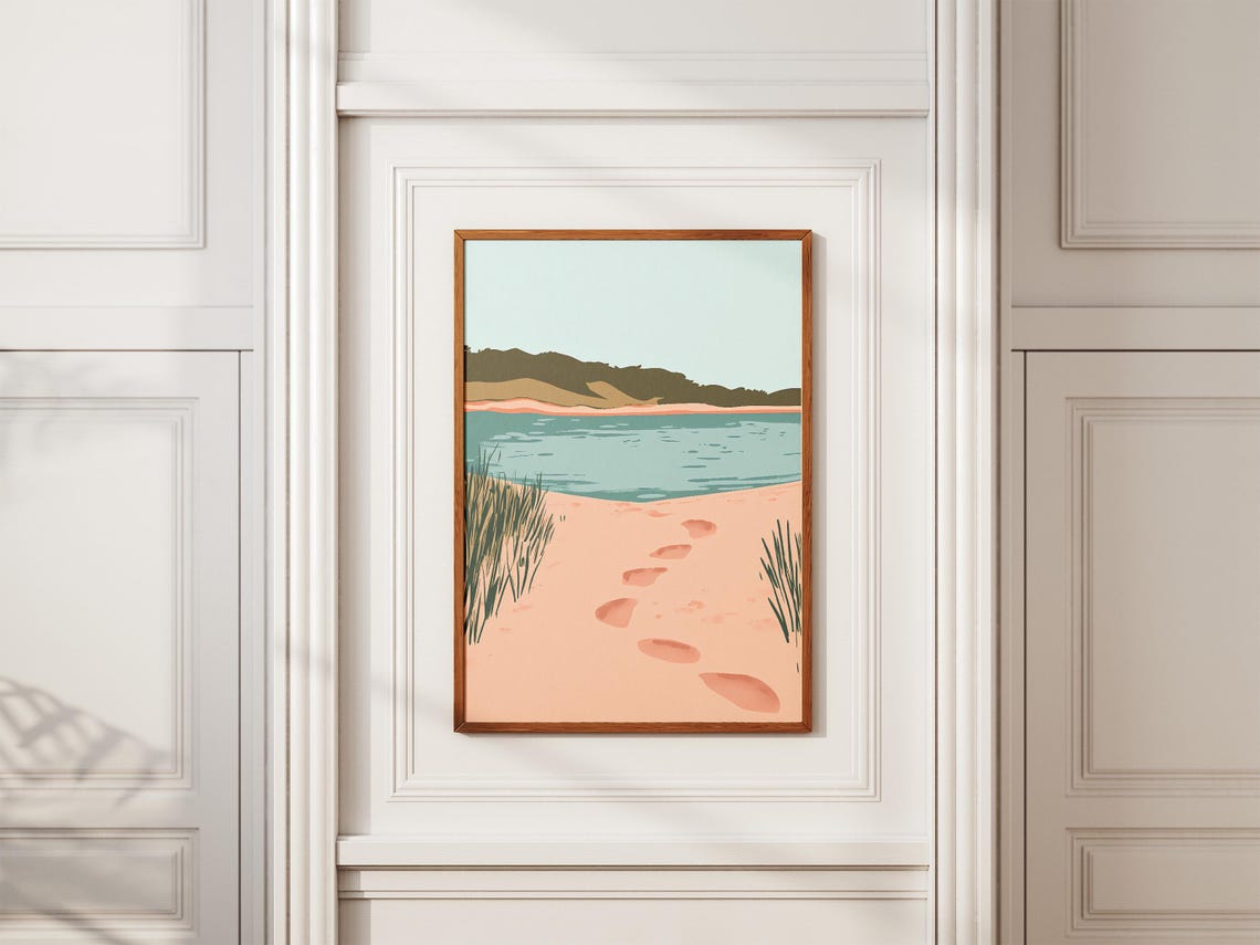 Footsteps On Pink Sand Leading To Calm Blue Lagoon Beach Poster - Image 2
