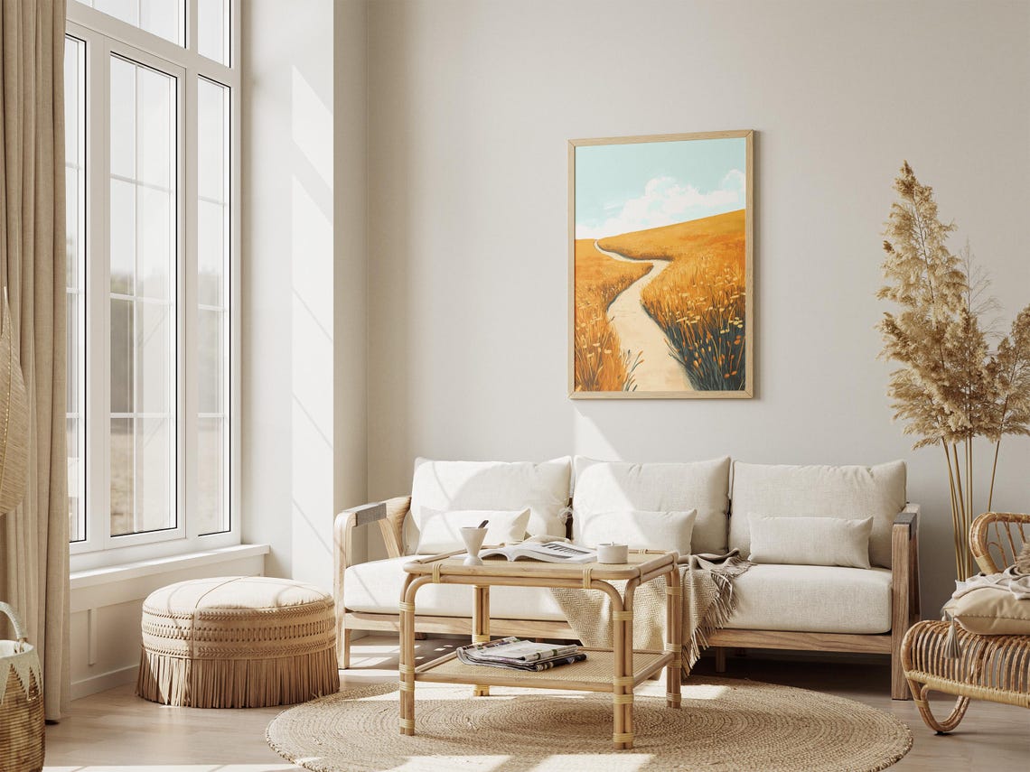 Golden Meadow Hillside Winding Path Sunny Landscape Art Poster - Image 4