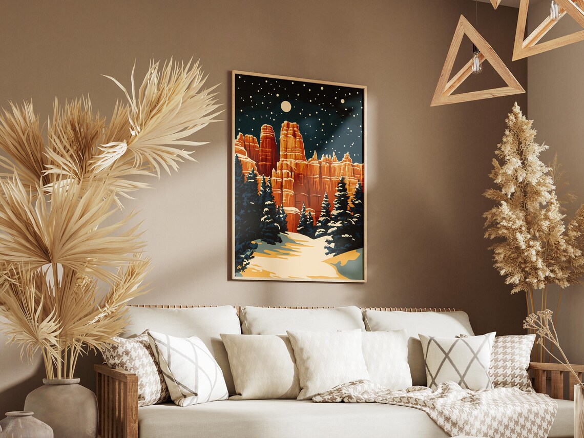 Bryce Canyon Orange Hoodoos Under Moonlit Starry Night Snow Poster - Image 3