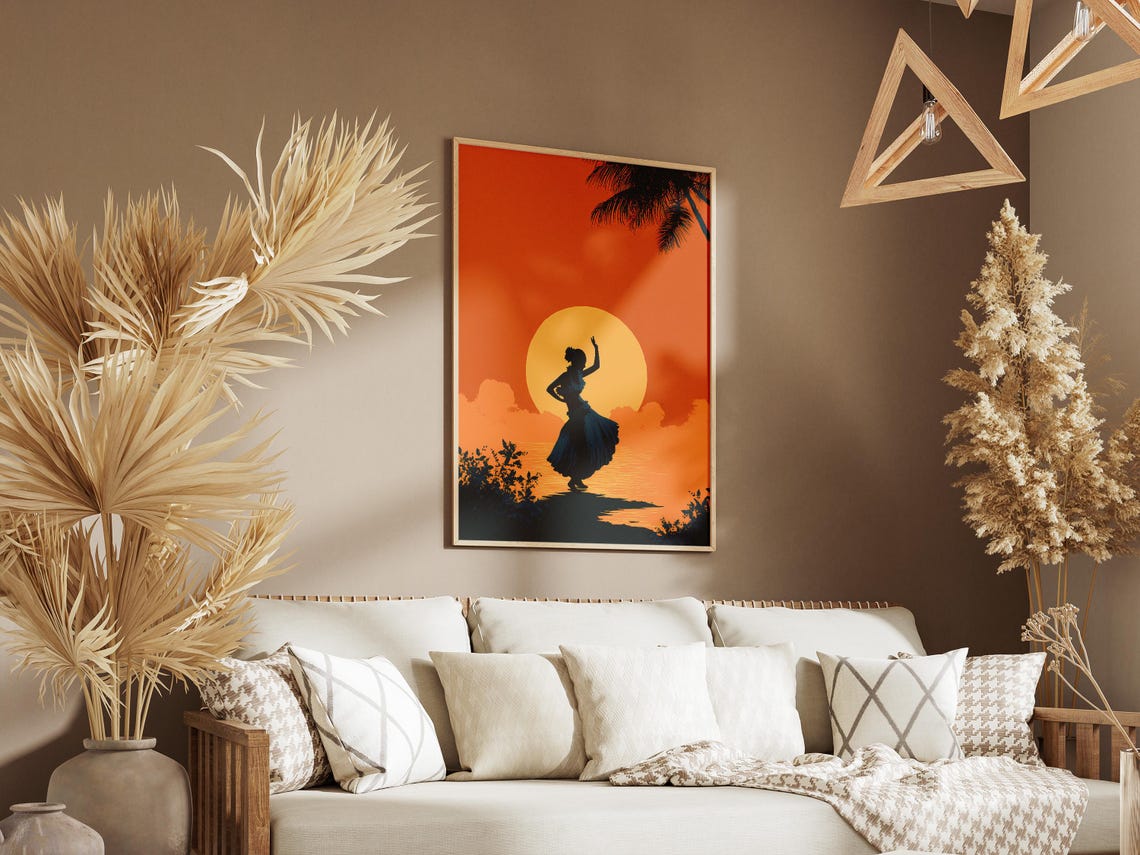 Hula Dancer Silhouette Big Sun Orange Sunset Tropical Art Poster - Image 3