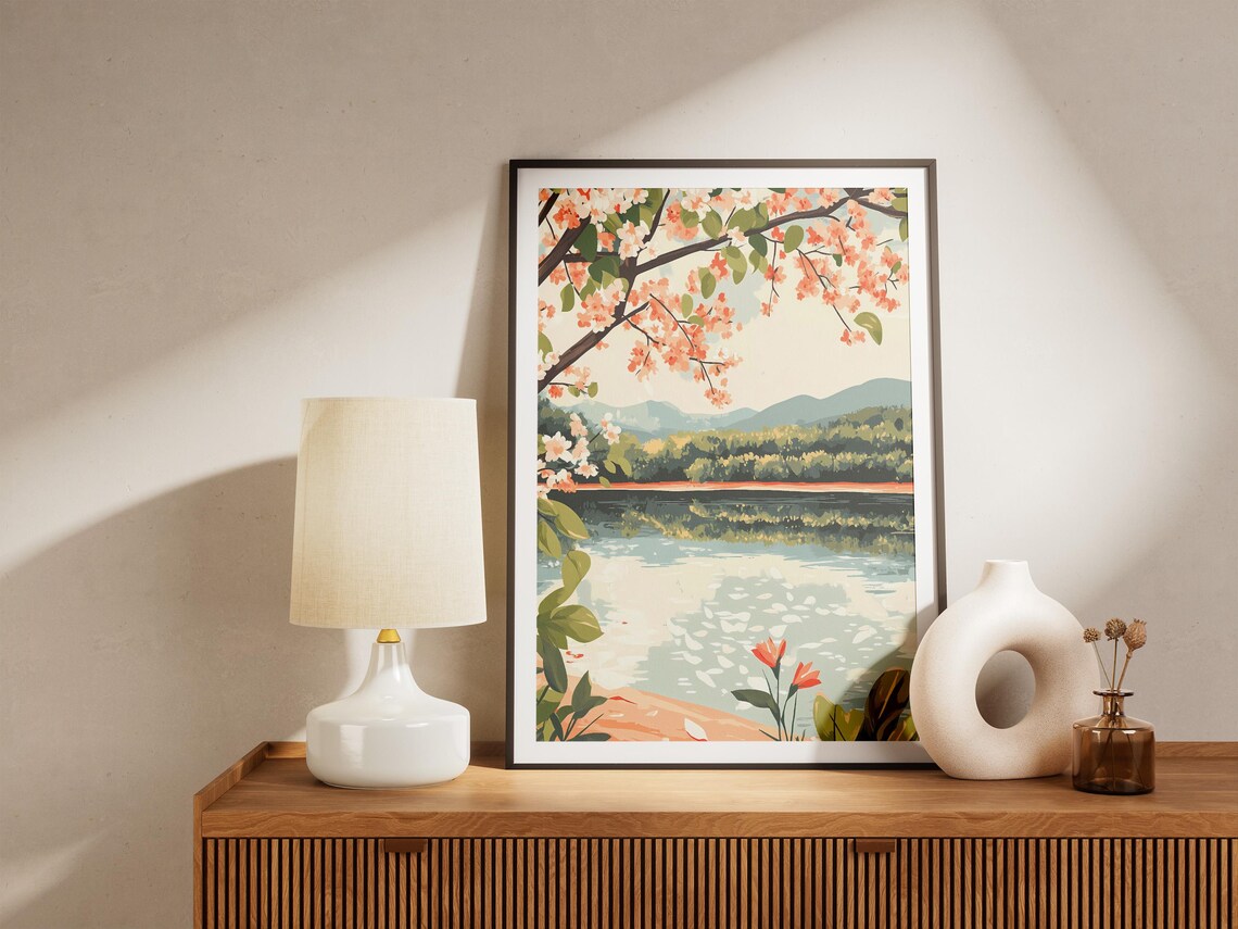 Peaceful River Bend Spring Landscape Posternature Art Printflowering Tree Postercalm Water Scenebotanical Illustrationlake Posterriver Art - Image 5