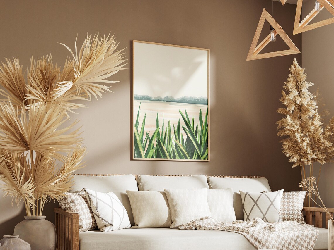 Lakeshore Green Reeds Minimalist Calm Water Landscape Poster - Image 3