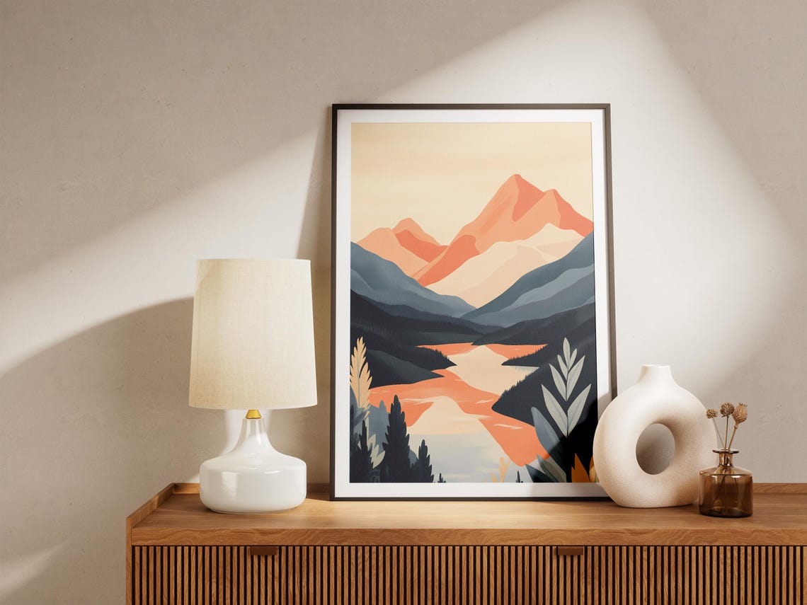 Coral Mountain Peaks Over Winding River Dusk Landscape Poster - Image 5