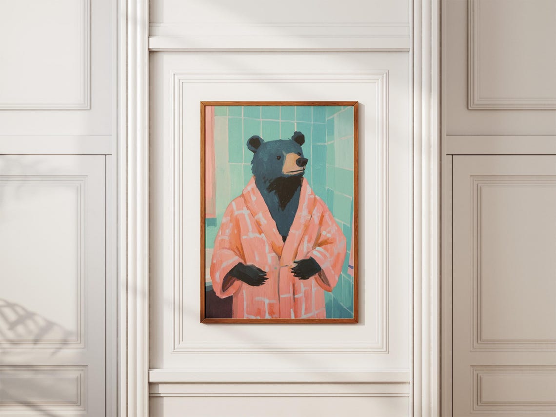 Deadpan Black Bear in a Coral Checkered Bathrobe Bathroom Poster - Image 2