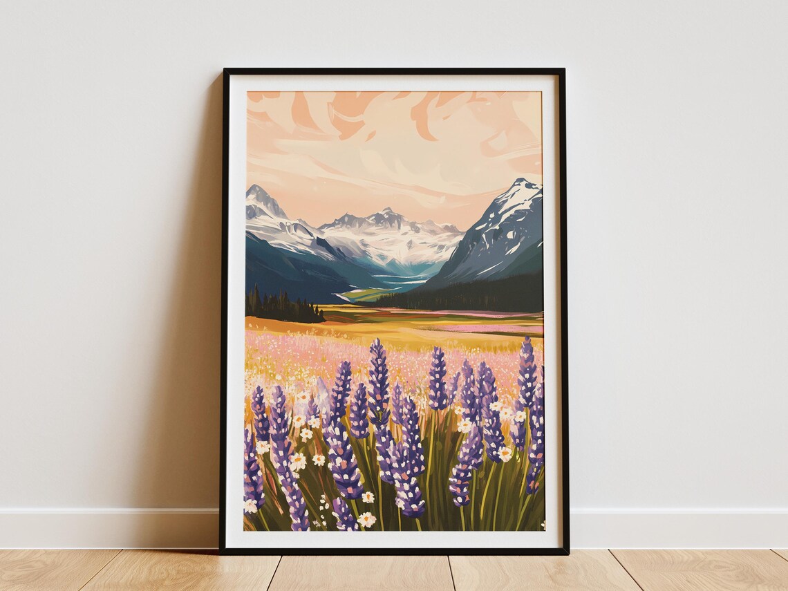 Purple Wildflower Field With Snowy Mountains Sunset Art Poster