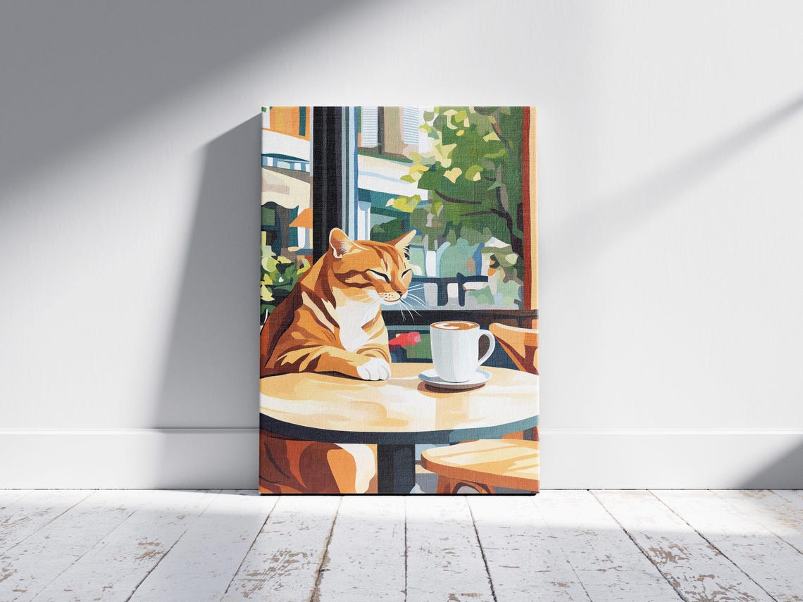 Orange Tabby Cat at a Cafe Table Watching Green Trees Sway Poster - Image 2