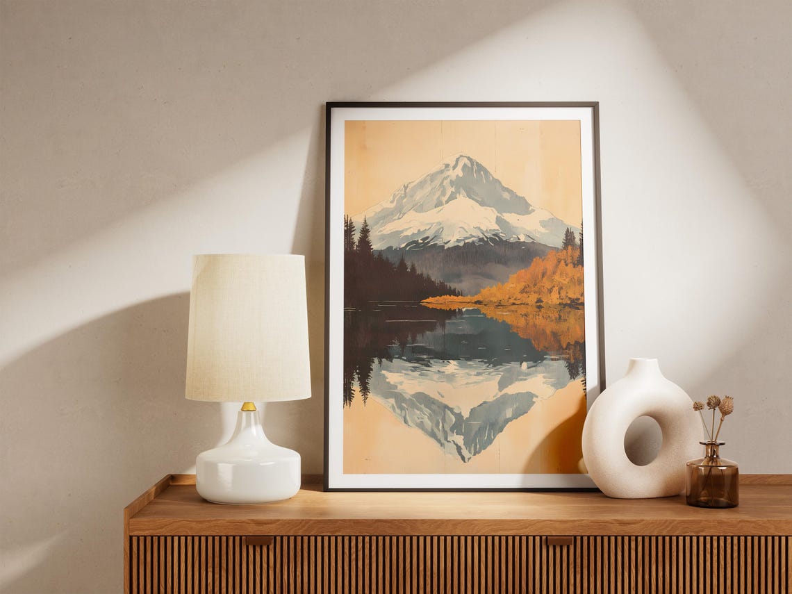 Snowcapped Mountain Lake Reflection Vintage Autumn Landscape Poster - Image 5