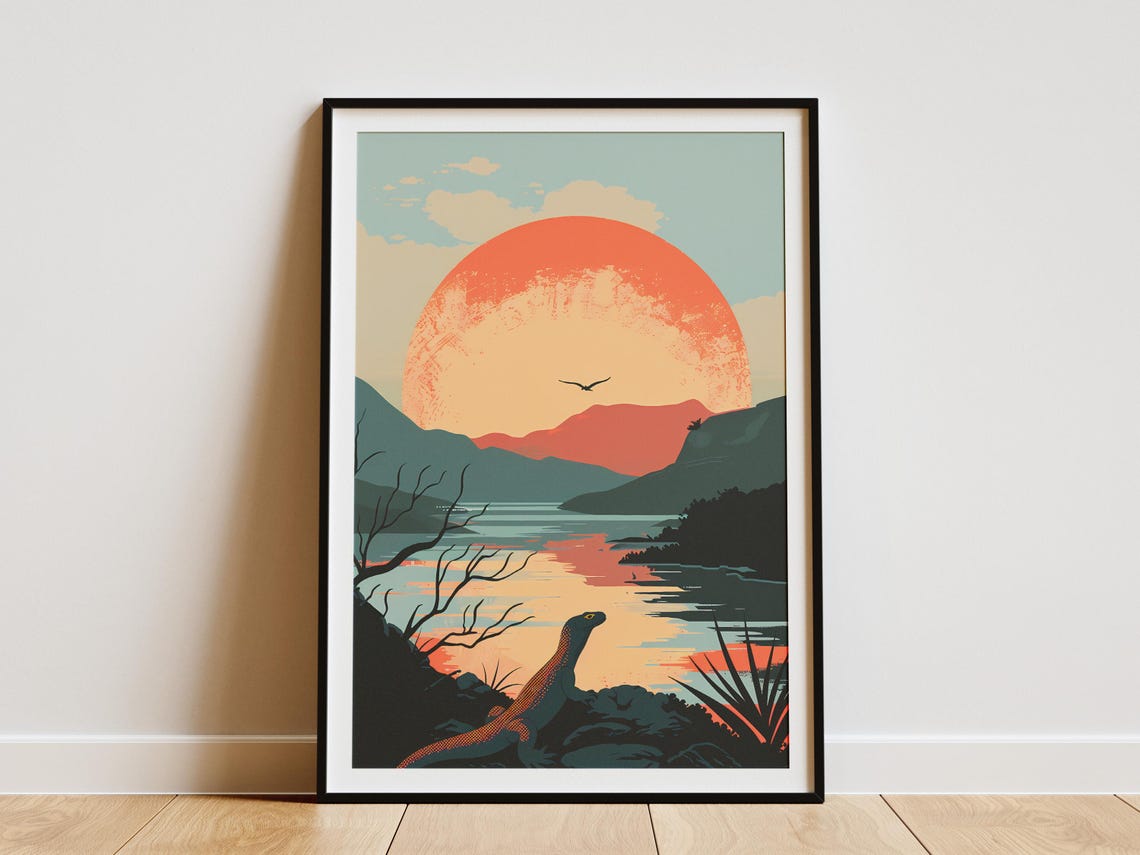 Komodo Dragon Indonesia Sunset National Park Wildlife Art Poster