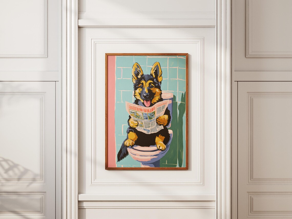 German Shepherd Puppy Reading Newspaper on Toilet Funny Poster - Image 2