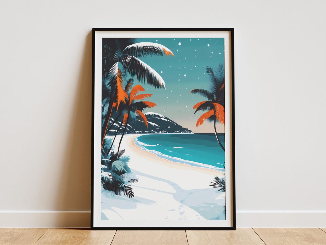Tropical Winter Beach Snowy Palm Trees Turquoise Ocean Poster