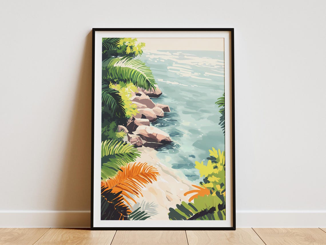 Tropical Rocky Beach with Palm Fronds and Turquoise Sea Art Poster