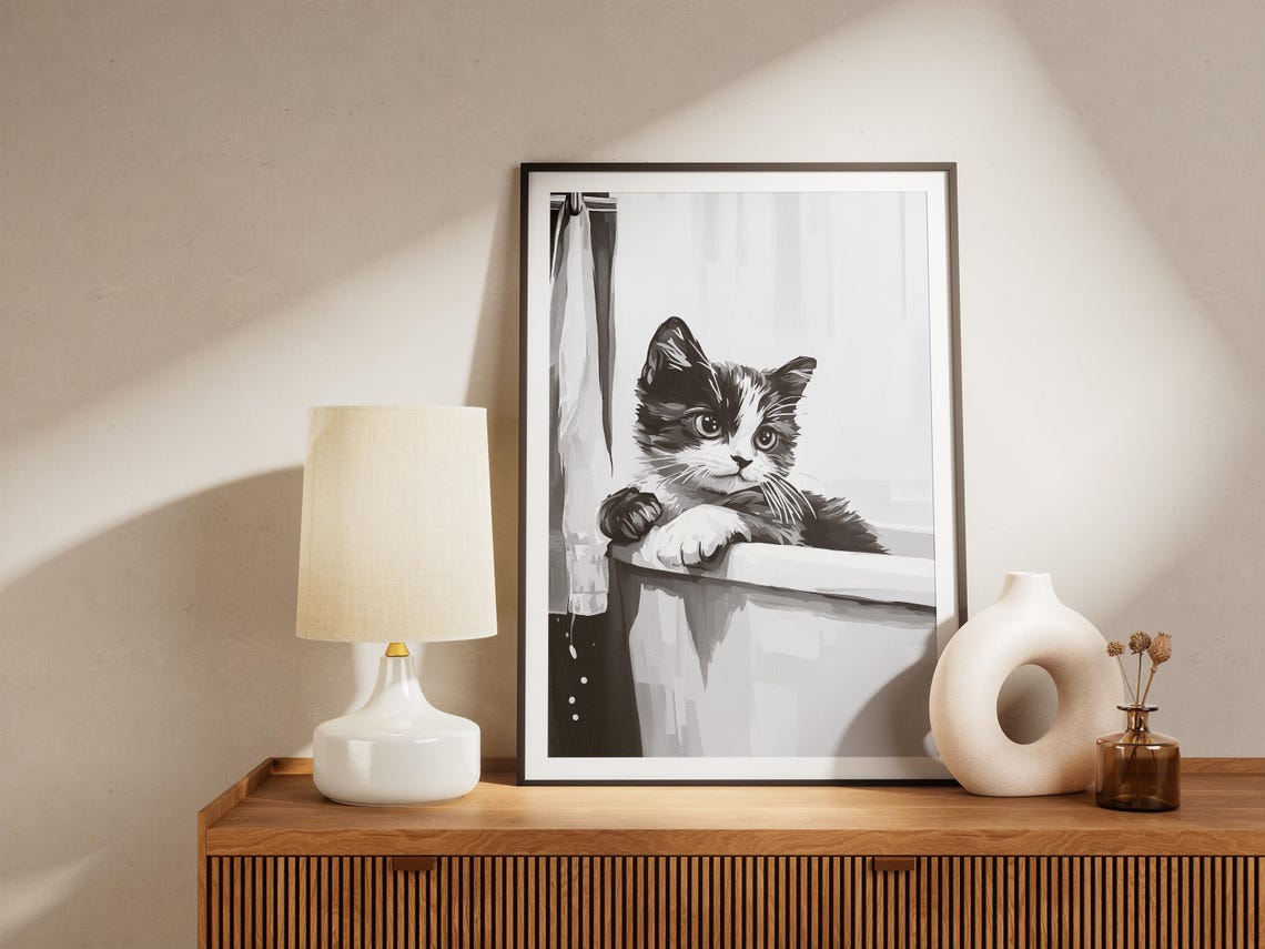 Munchkin Kitten Bathtub Poster Black And White Cute Cat Wall Decor - Image 4