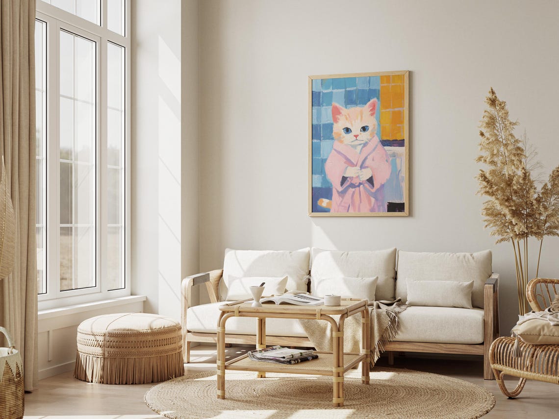 Cream Kitten in Pink Bathrobe Cute Bathroom Kitty Cat Poster - Image 3