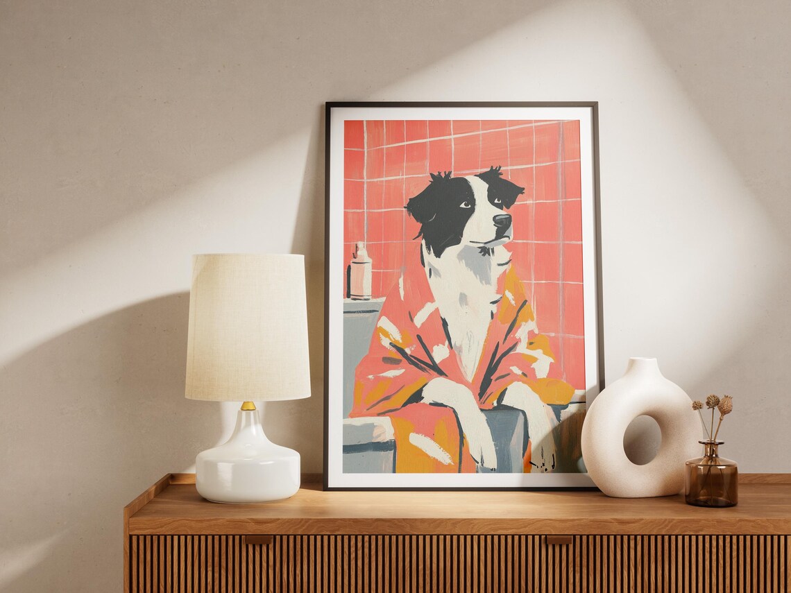 Dog in a Bathrobe Sitting by the Tub Funny Pet Decor Art Poster - Image 4