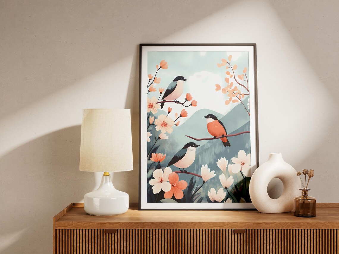 Three Colorful Songbirds Perched Among Peach Blossoms Art Poster - Image 5