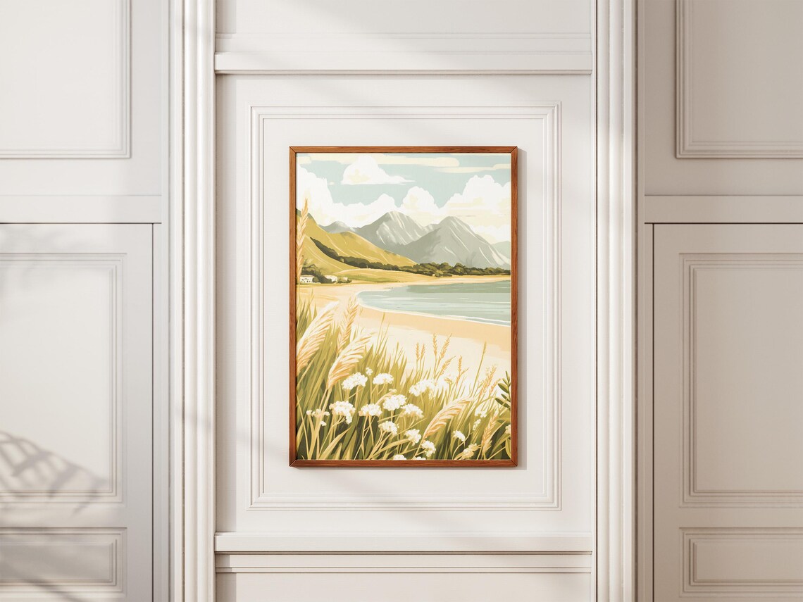 Windswept Coastal Dune Grasses Overlooking A Sunny Mountain Bay Poster - Image 2