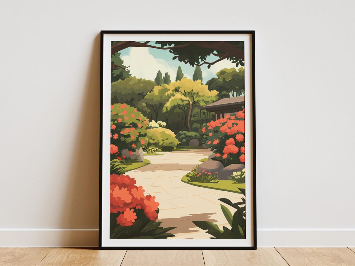 Japanese Garden Path Azalea Blooms Zen Garden Landscape Poster