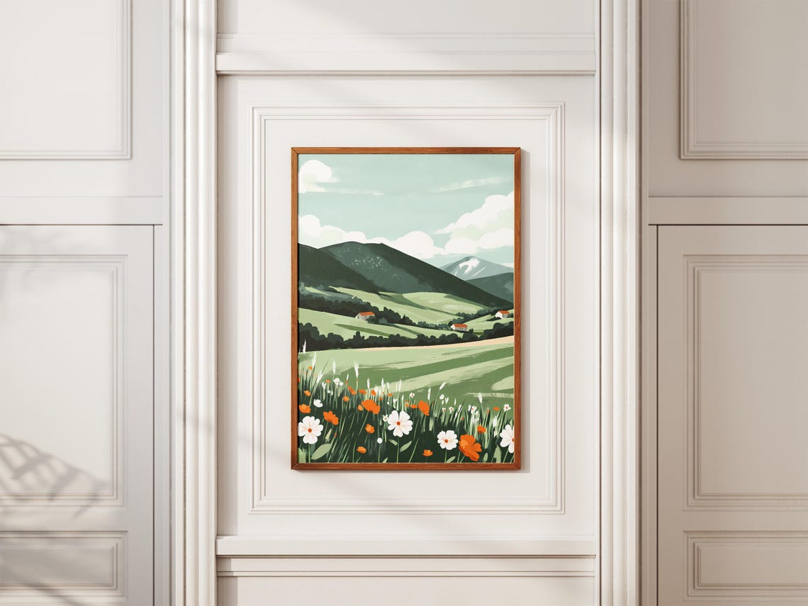 Rolling Green Hills Farmhouse With Wildflower Meadow Art Poster - Image 2