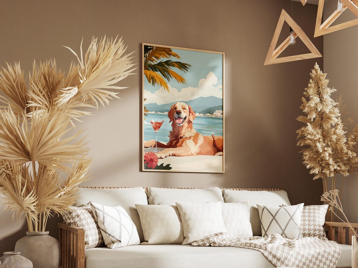 Happy Golden Retriever Relaxing With Red Cocktail By The Sea Poster - Image 3