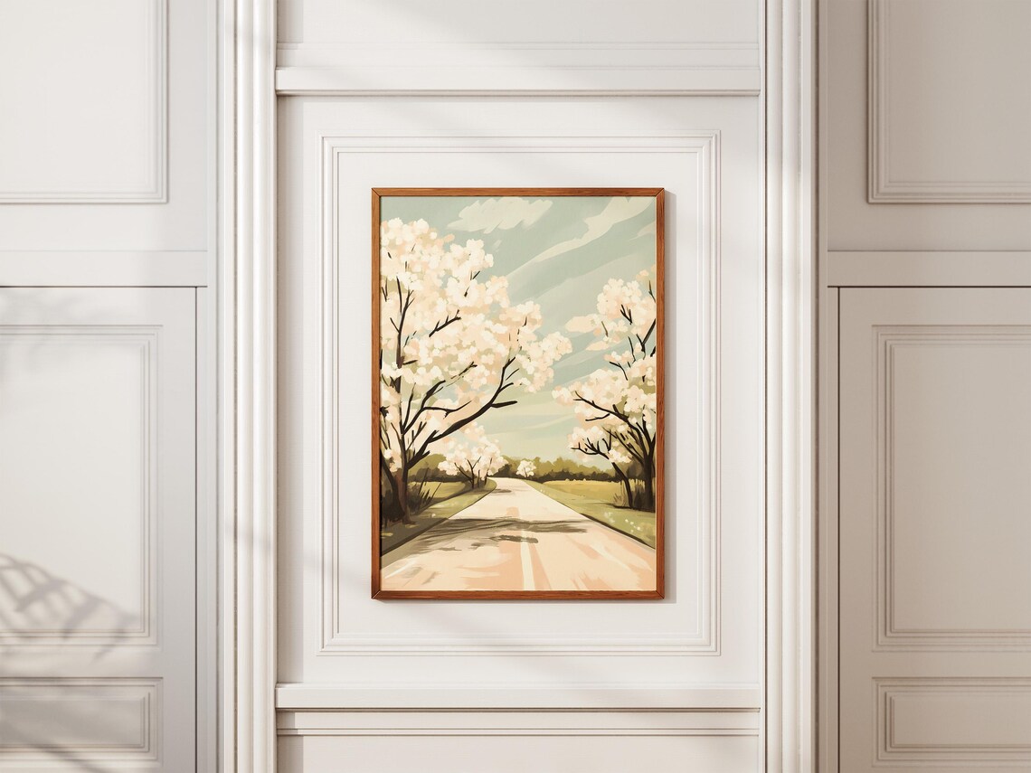 Sunlit Country Road Lined With Blooming White Blossom Trees Poster - Image 2