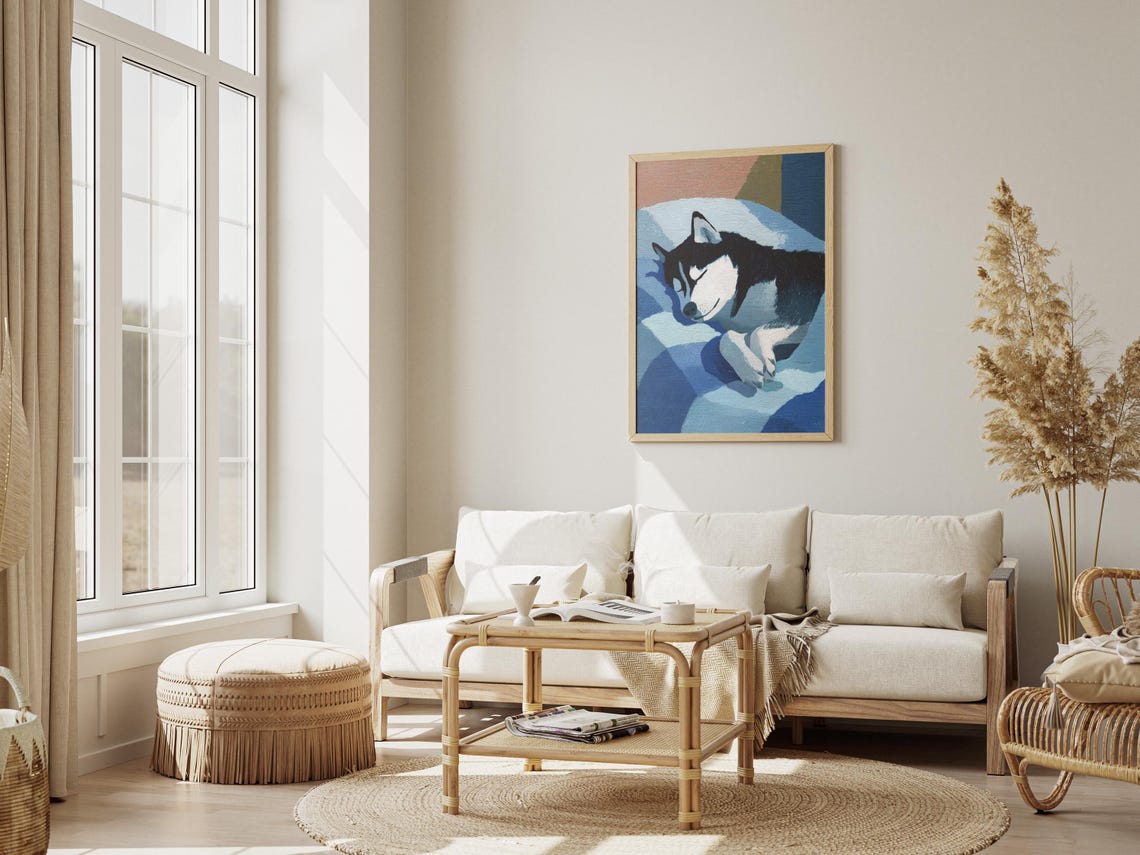 Sleeping Husky Dog on Blue Bedding Matisse Style Modern Poster - Image 3