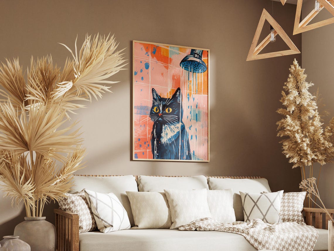 Black Cat in Shower Pop Art Orange Blue Bathroom Funny Poster - Image 3