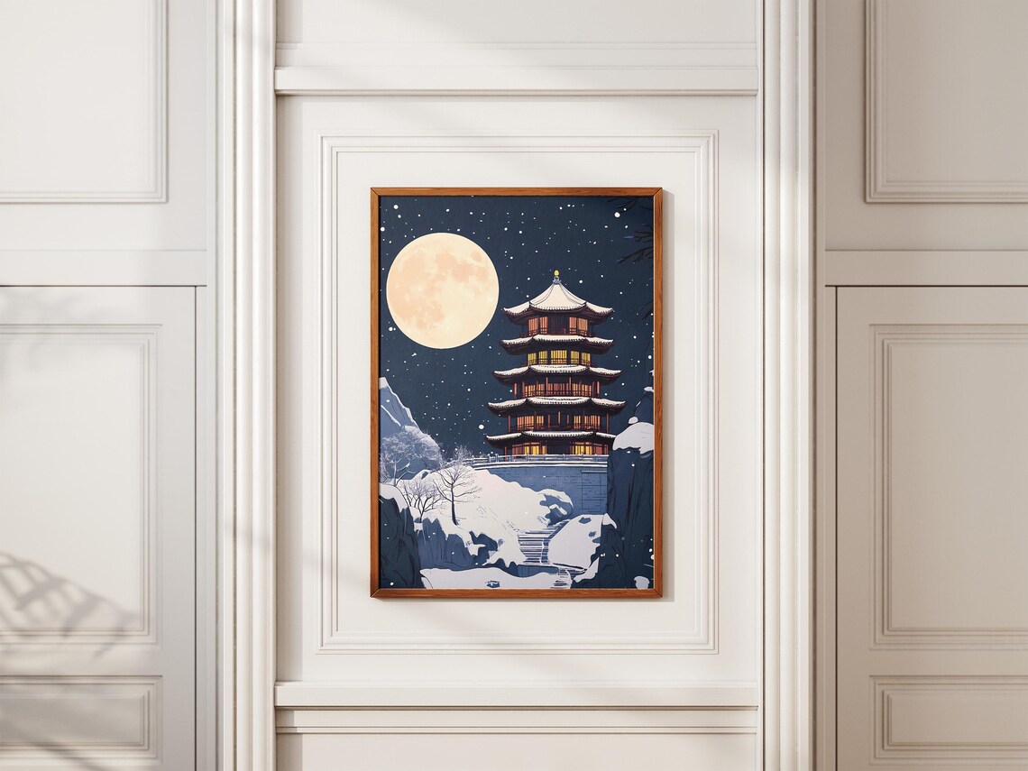 Snowy Pagoda Full Moon Starry Winter Night Illustration Poster - Image 2