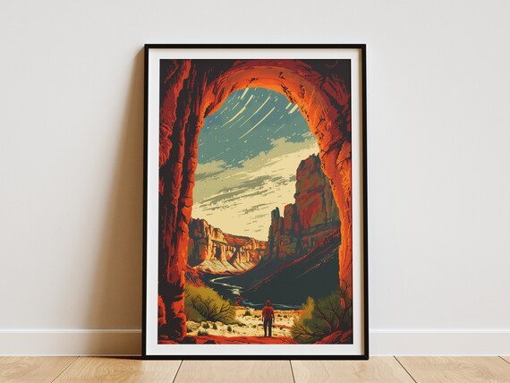 Carlsbad Caverns National Park Hiker Cave Arch Night Sky Vintage Poster