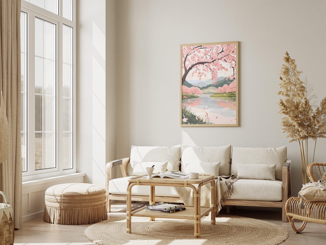 Pink Cherry Blossoms Over a Calm River Poster Mountain Spring View - Image 4