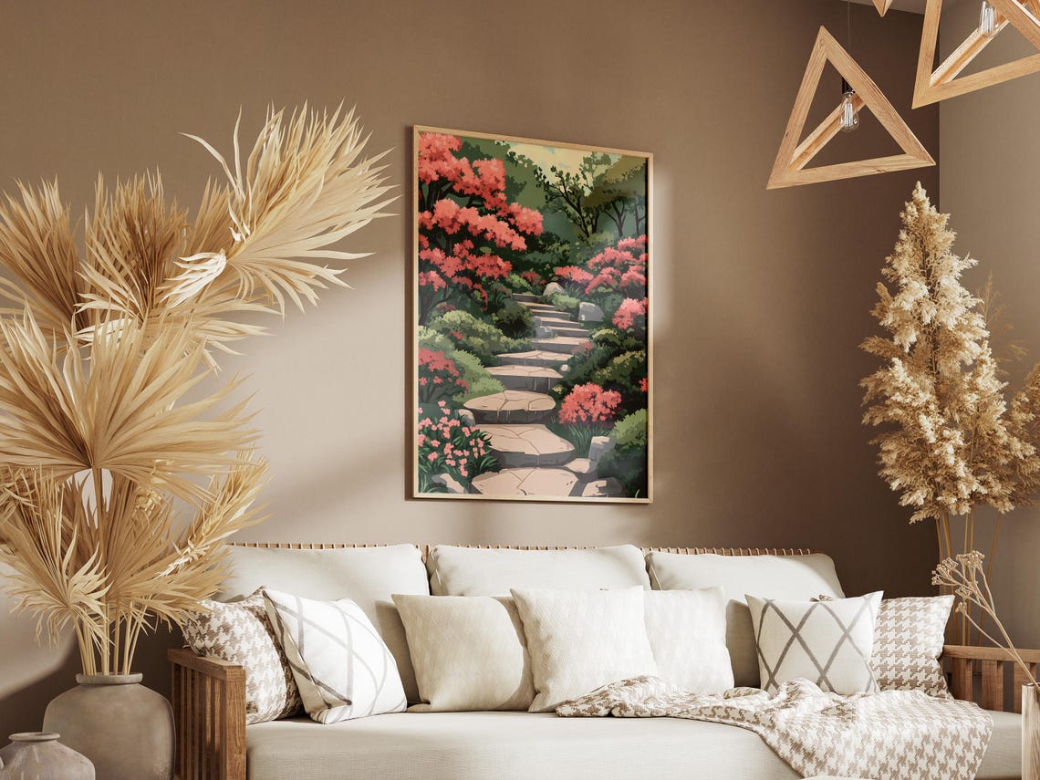 Stone Steps Japanese Garden Azalea Bloom Serene Landscape Poster - Image 3