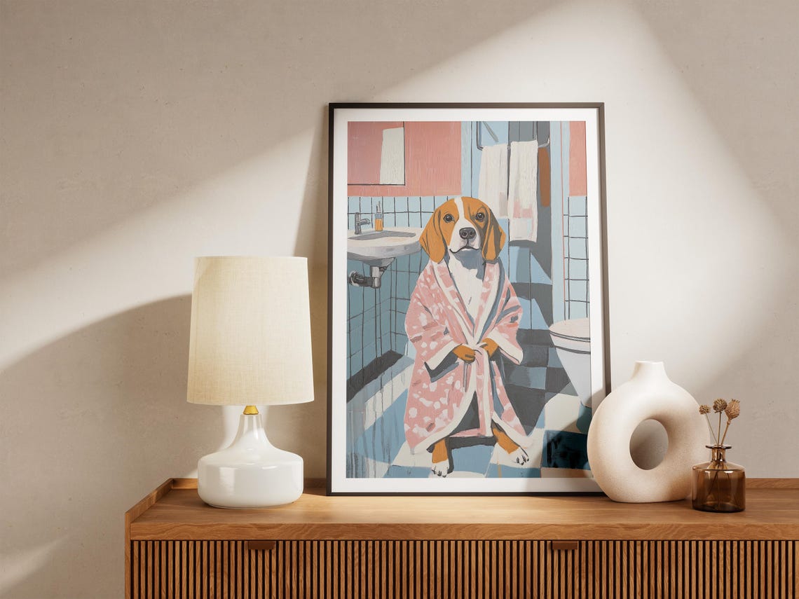 Beagle Dog Standing in a Pink Floral Bathrobe Bathroom Poster - Image 5