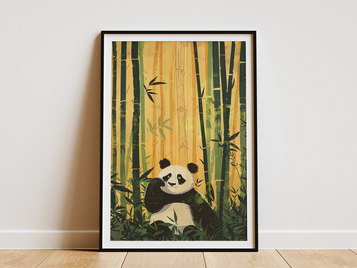 Giant Panda Golden Bamboo Forest Wildlife Minimalist Nature Poster