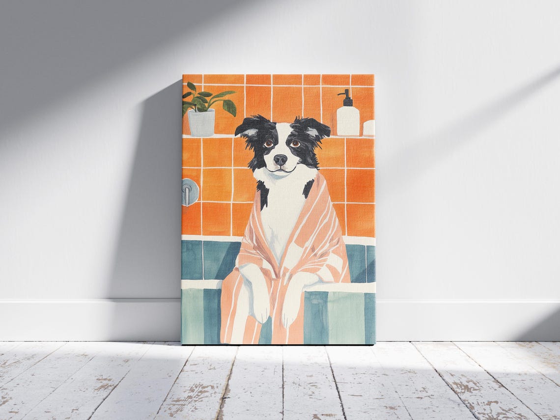 Border Collie In Peach Bathrobe Poster Funny Cute Dog Bathroom Art - Image 2