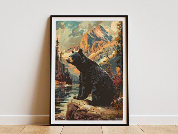 Black Bear Mountain Lake Wildlife Vintage Rustic Cabin Art Print
